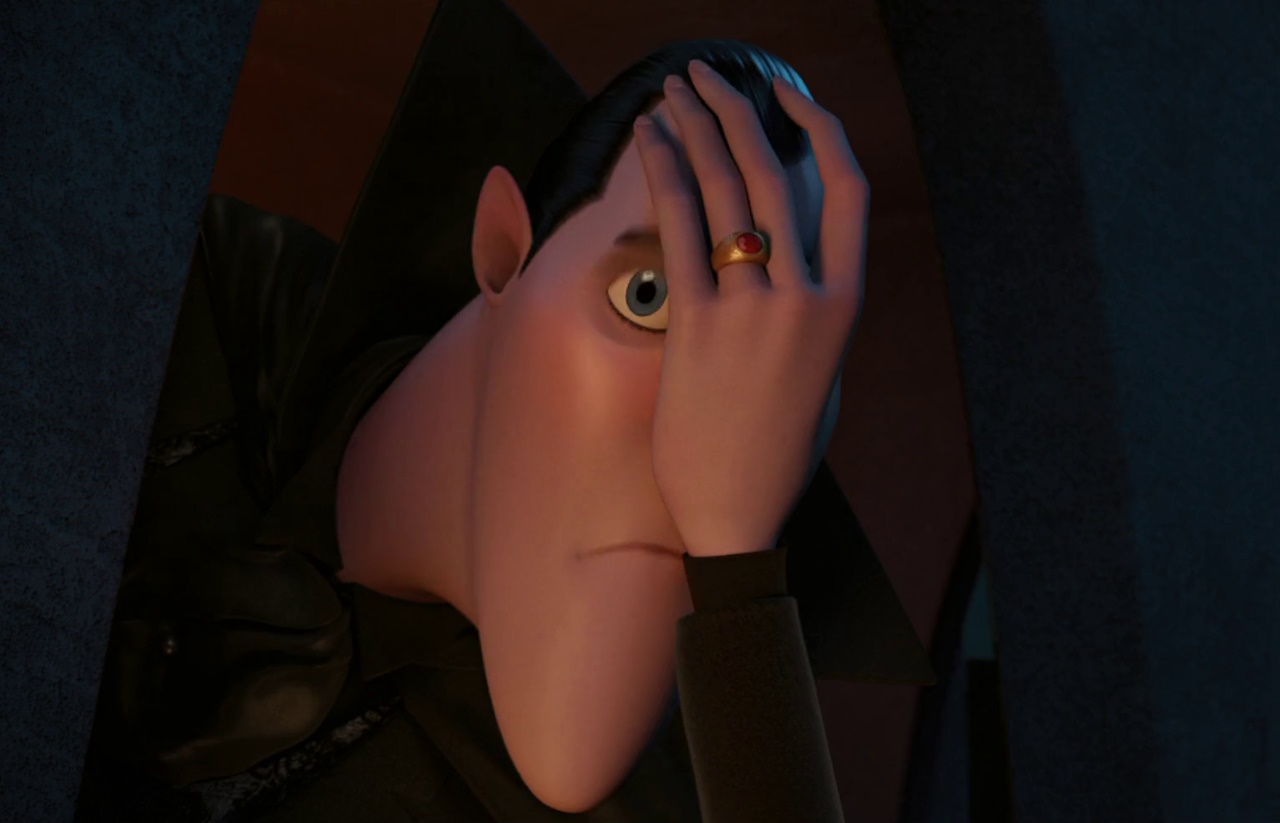 Still frame from Hotel Transylvania (2012) showing Dracula face-palming.