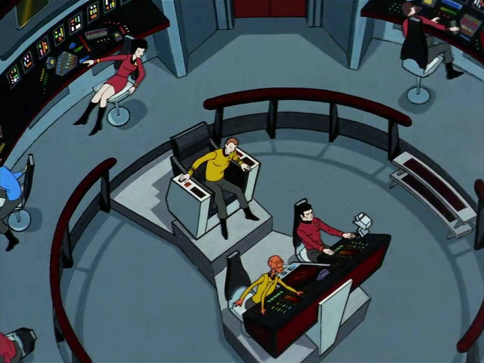 Still frame from Star Trek: The Animated Series Season 2 (1974) showing a top-down view of the bridge.