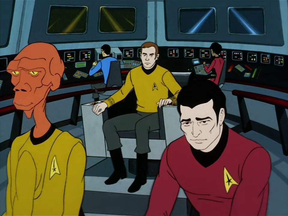 Still frame from Star Trek: The Animated Series Season 2 (1974) showing Kirk and other characters on the bridge.