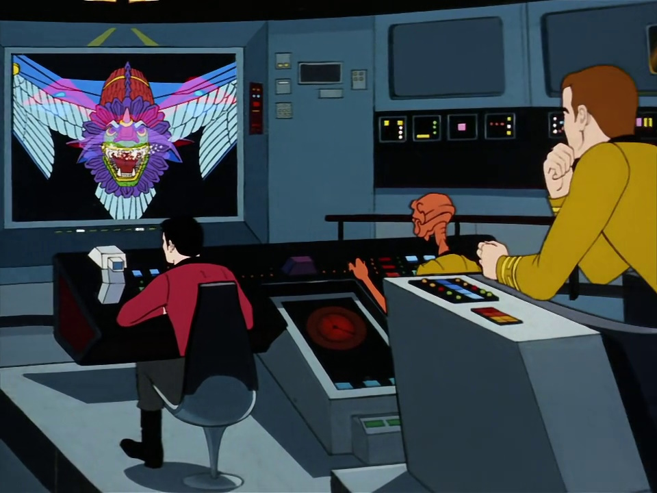 Still frame from Star Trek: The Animated Series Season 2 (1974) showing Kukulkan's message on the viewscreen.