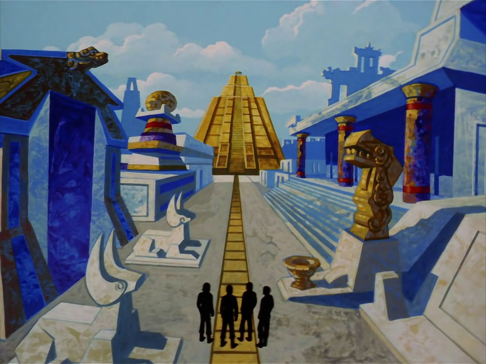 Still frame from Star Trek: The Animated Series Season 2 (1974) showing the away team in a city.