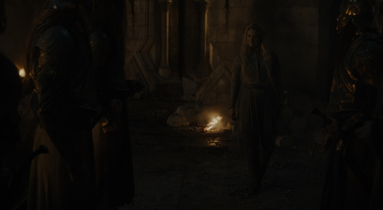 Still frame from The Lord of the Rings: The Rings of Power Season 2 (2024) showing Galadriel entering Eregion.