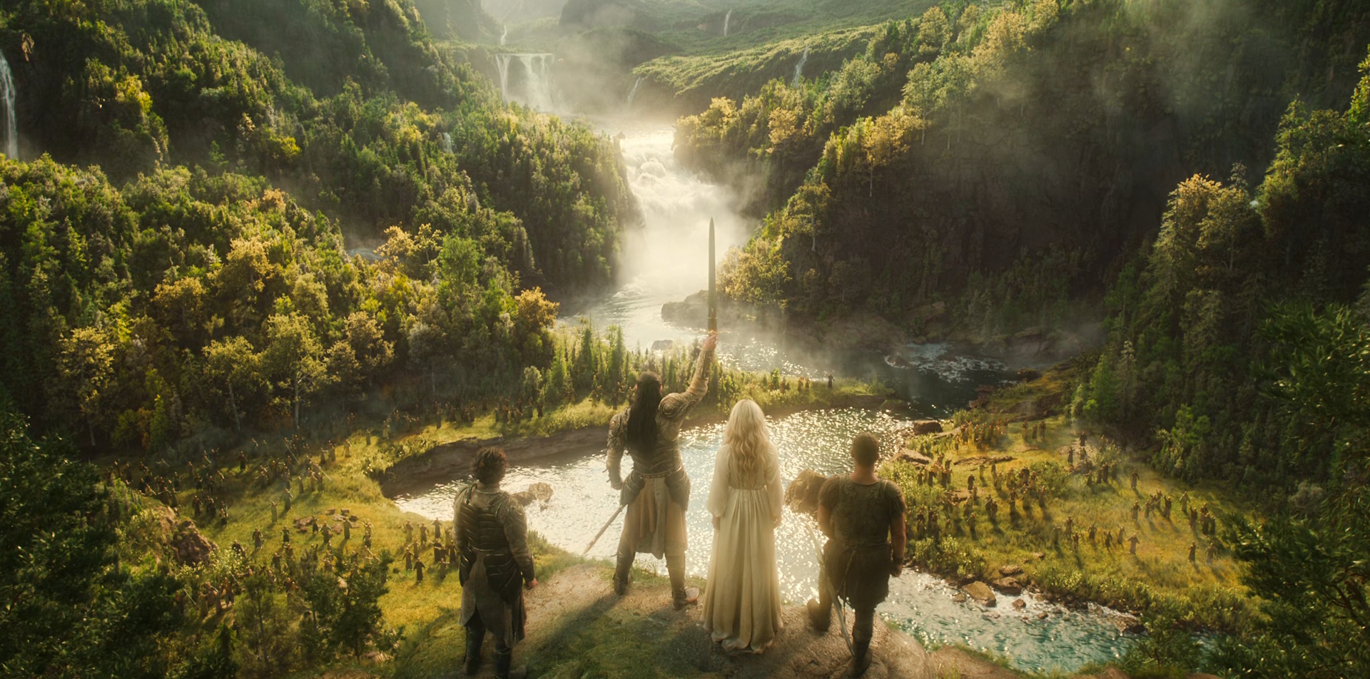 Still frame from The Lord of the Rings: The Rings of Power Season 2 (2024) showing Gil-Galad raising his sword.