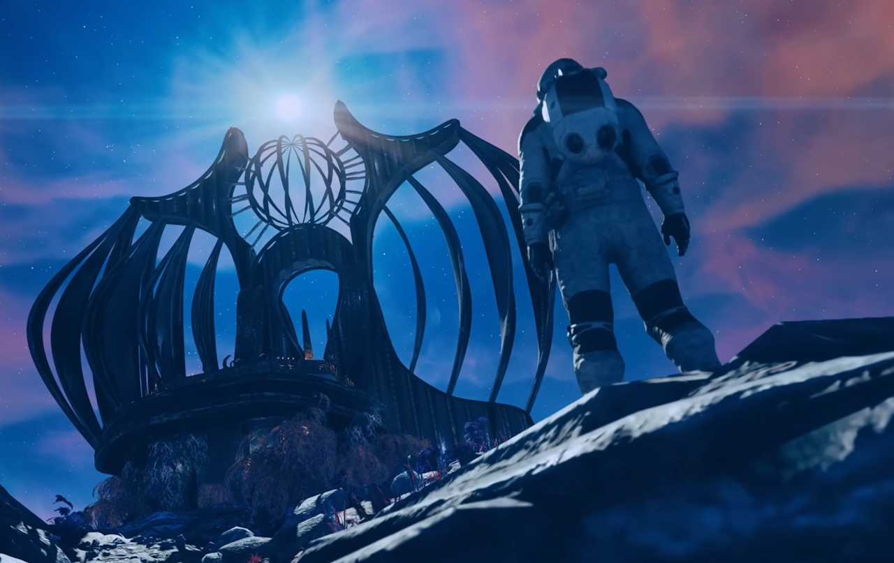 Still frame from the Shattered Space launch trailer showing a character approaching an alien structure.