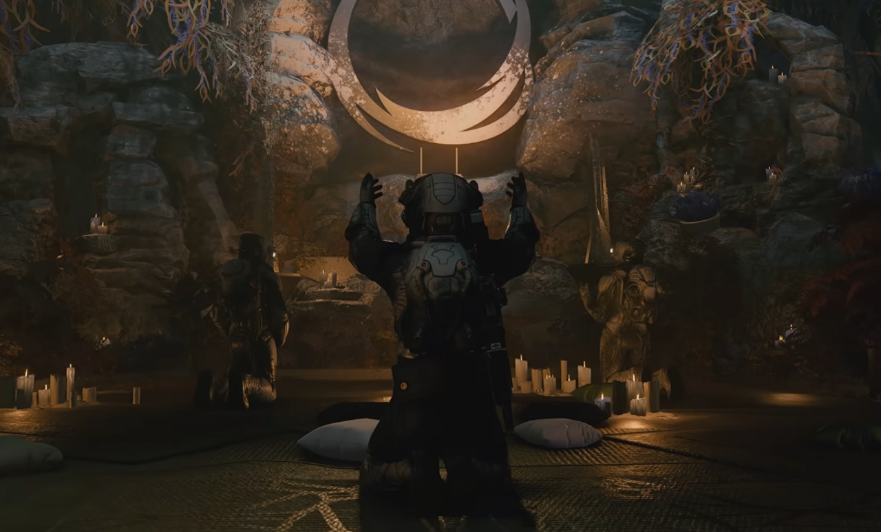 Still frame from the Shattered Space launch trailer showing a character praying.