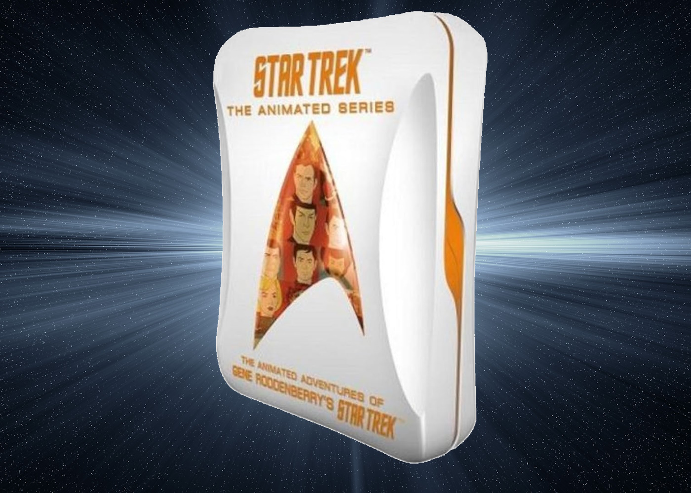 The DVD box set of Star Trek: The Animated Series on a space-themed background.