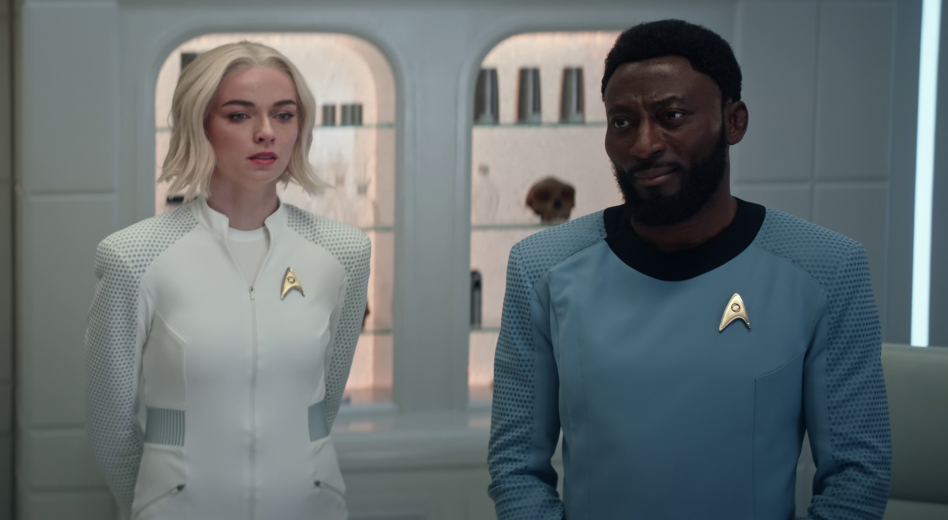 Still frame from Star Trek: Strange New Worlds Season 2 (2023) showing Nurse Chapel and Dr M'Benga.