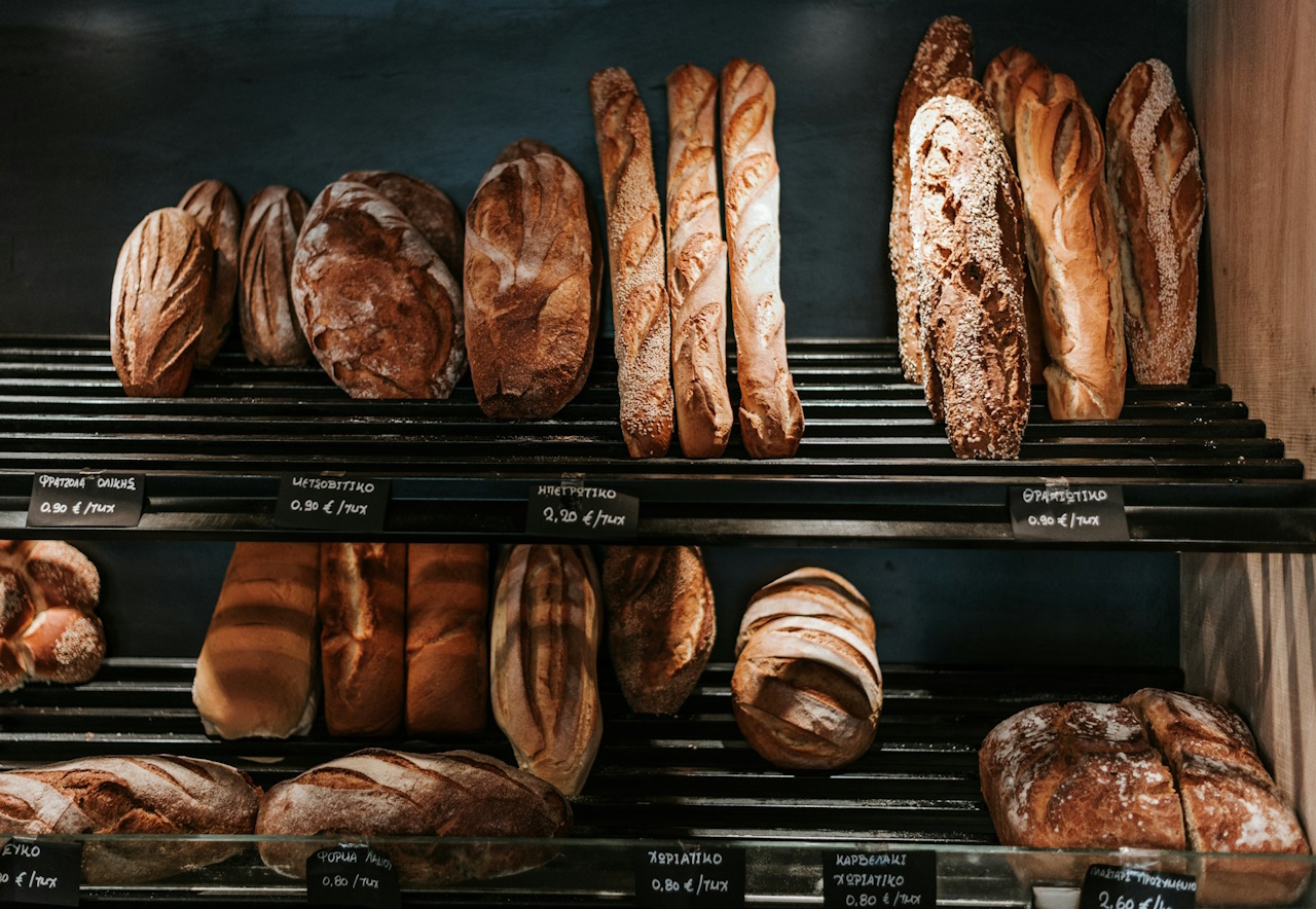 Stock photo of loaves of bread in a bakery.