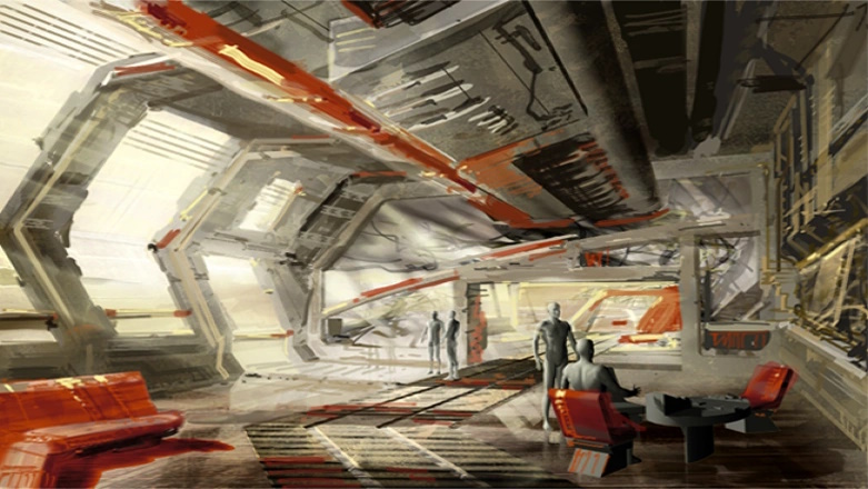 Concept art for Mass Effect 1 showing several characters in a sci-fi city.