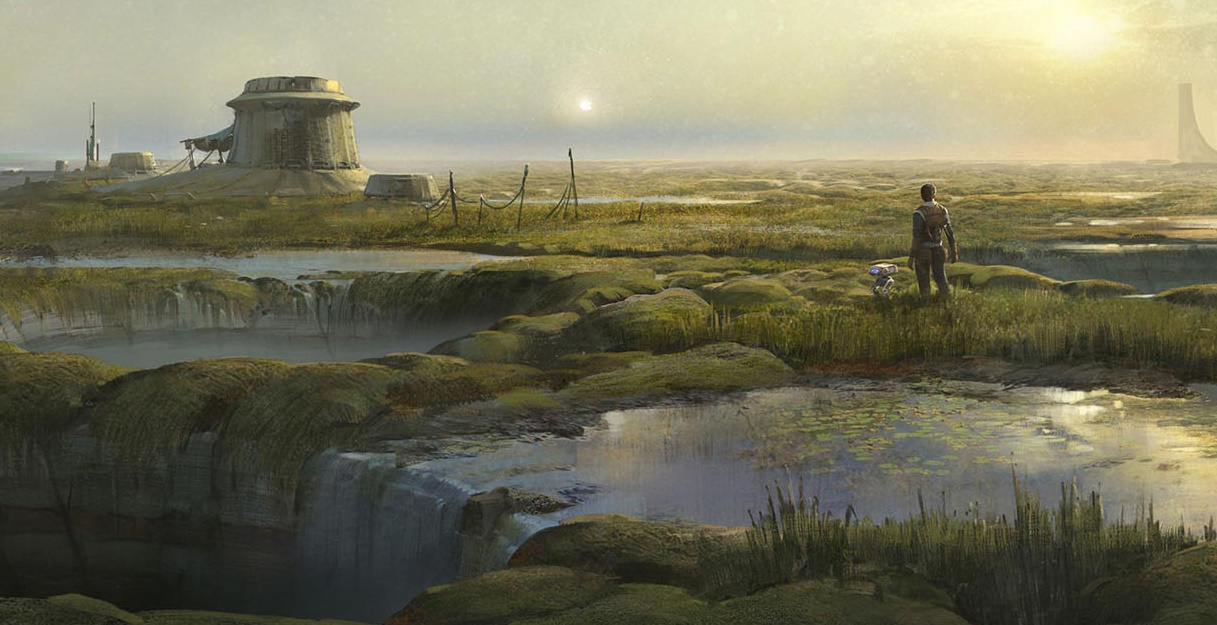 Concept art for Jedi: Fallen Order showing Cal, BD-1, and a landscape.