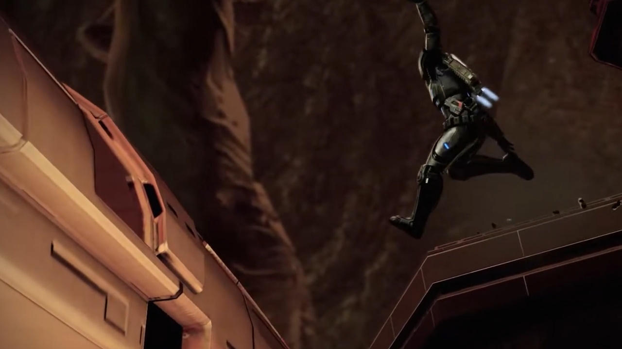 Screenshot of Mass Effect 2 showing Commander Shepard jumping aboard the Normandy.