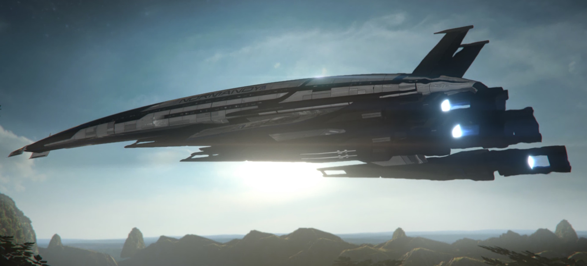 Screenshot of Mass Effect 3 showing the SSV Normandy taking off from a planet.