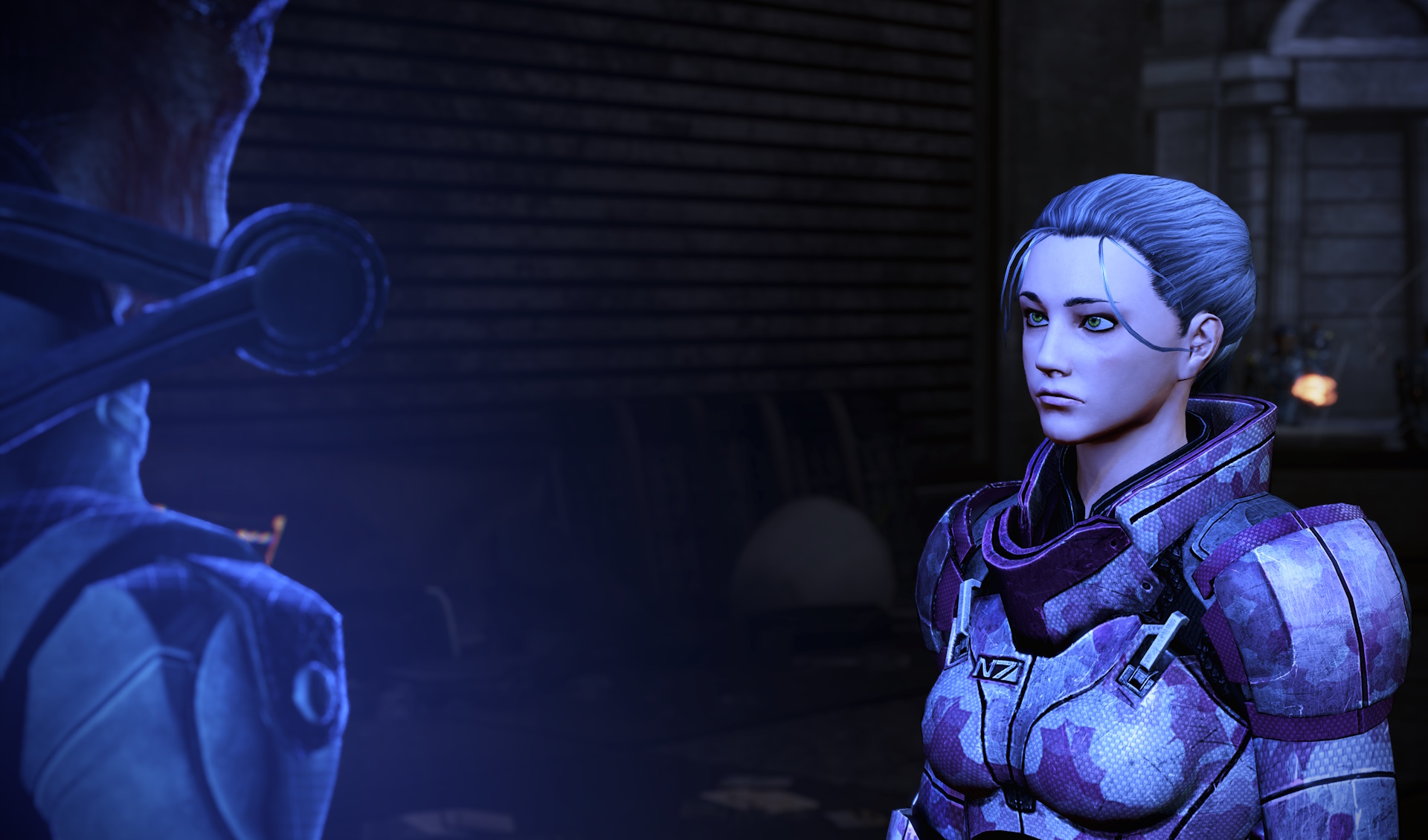 Screenshot of Mass Effect: Legendary Edition showing a custom Commander Shepard having a holo-call with Mordin.