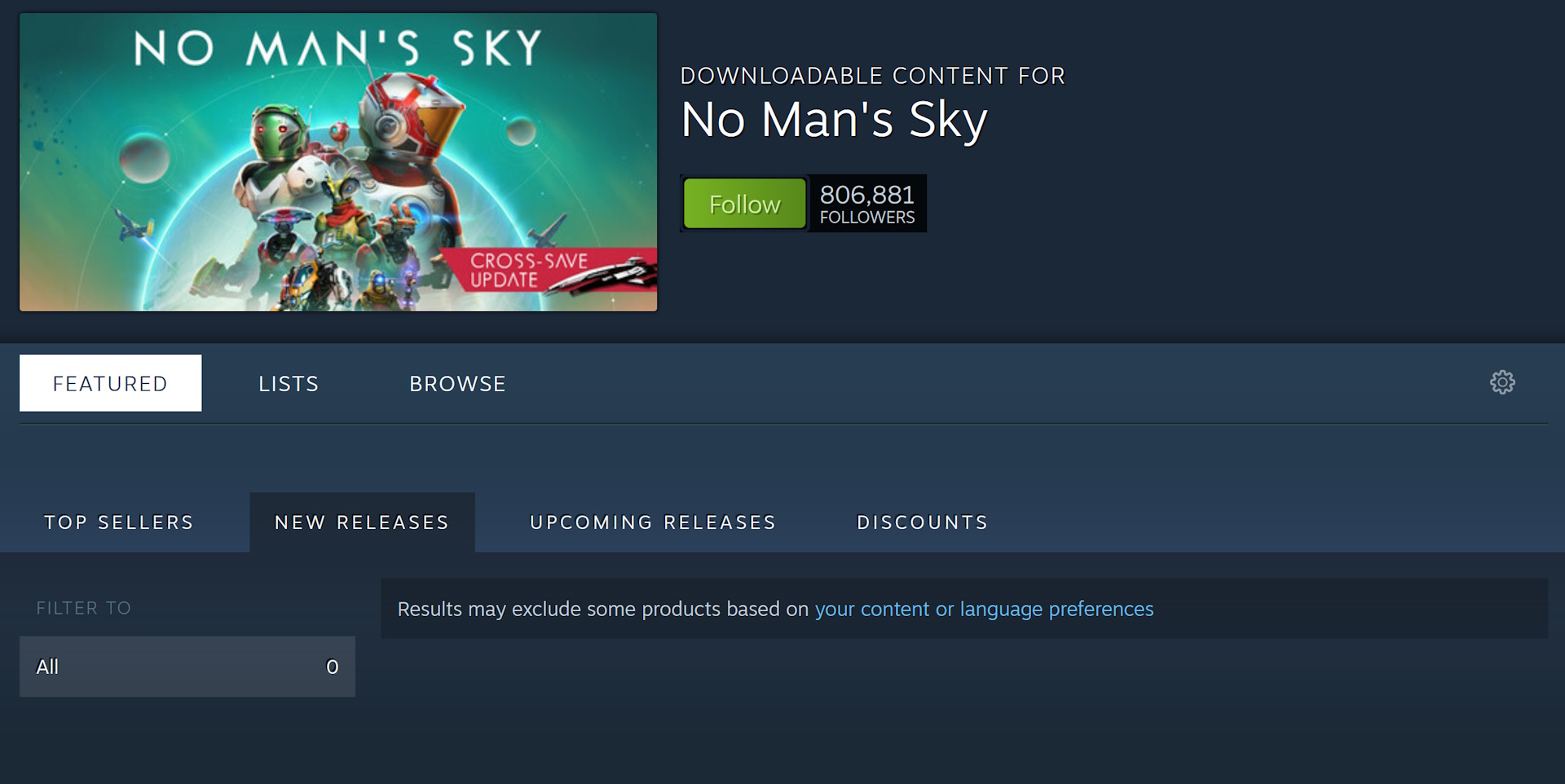 Steam page for No Man's Sky showing that the game has no DLC.