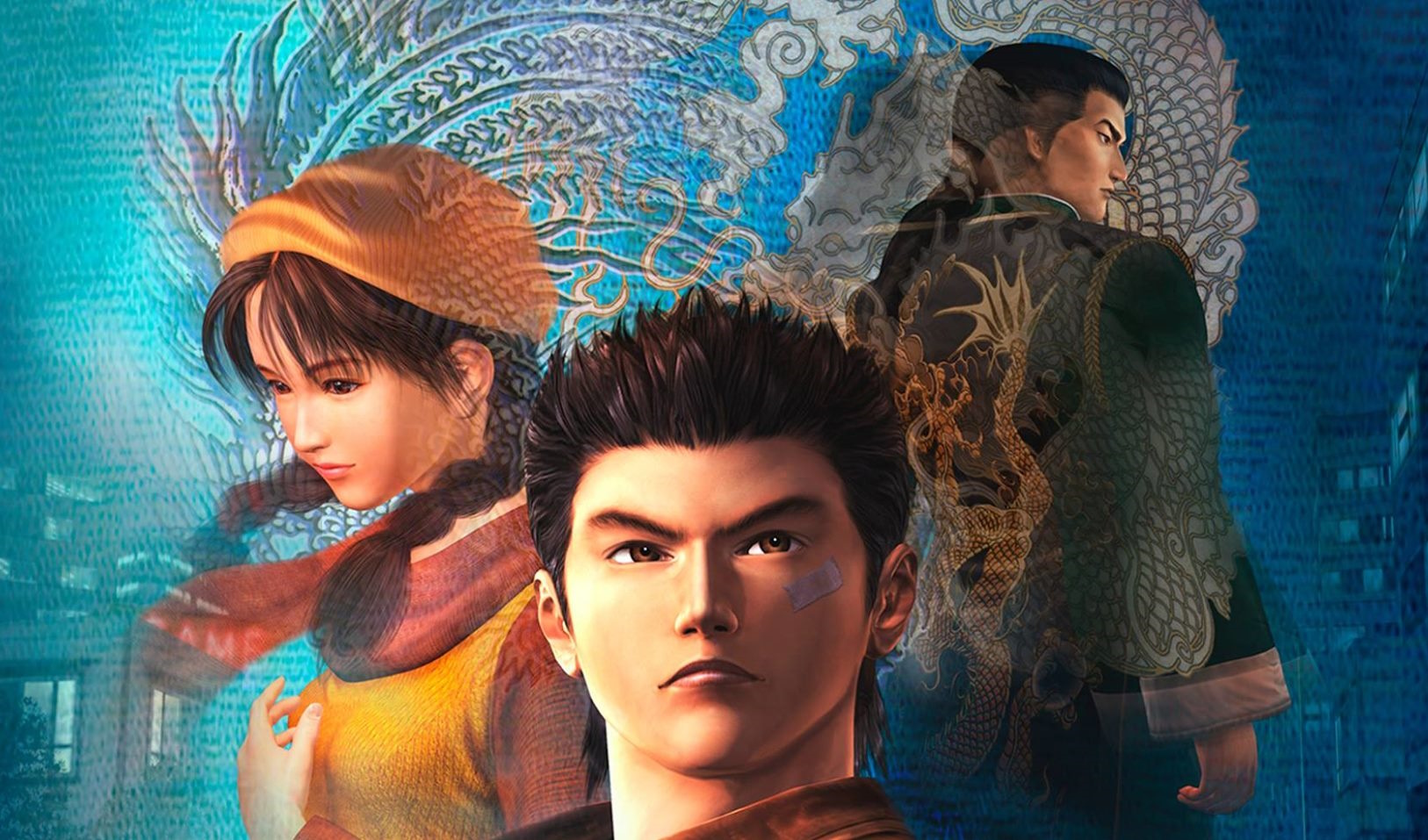 Box art/promo art for Shenmue I showing Ryo, Shen Hua, and Lan Di.