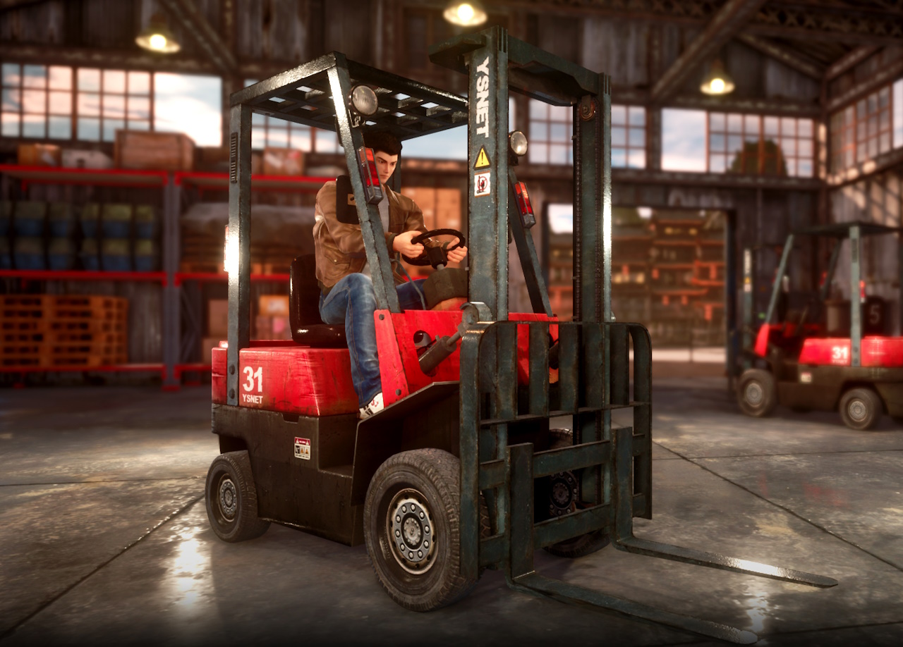 Promo image for Shenmue III showing Ryo driving a forklift.