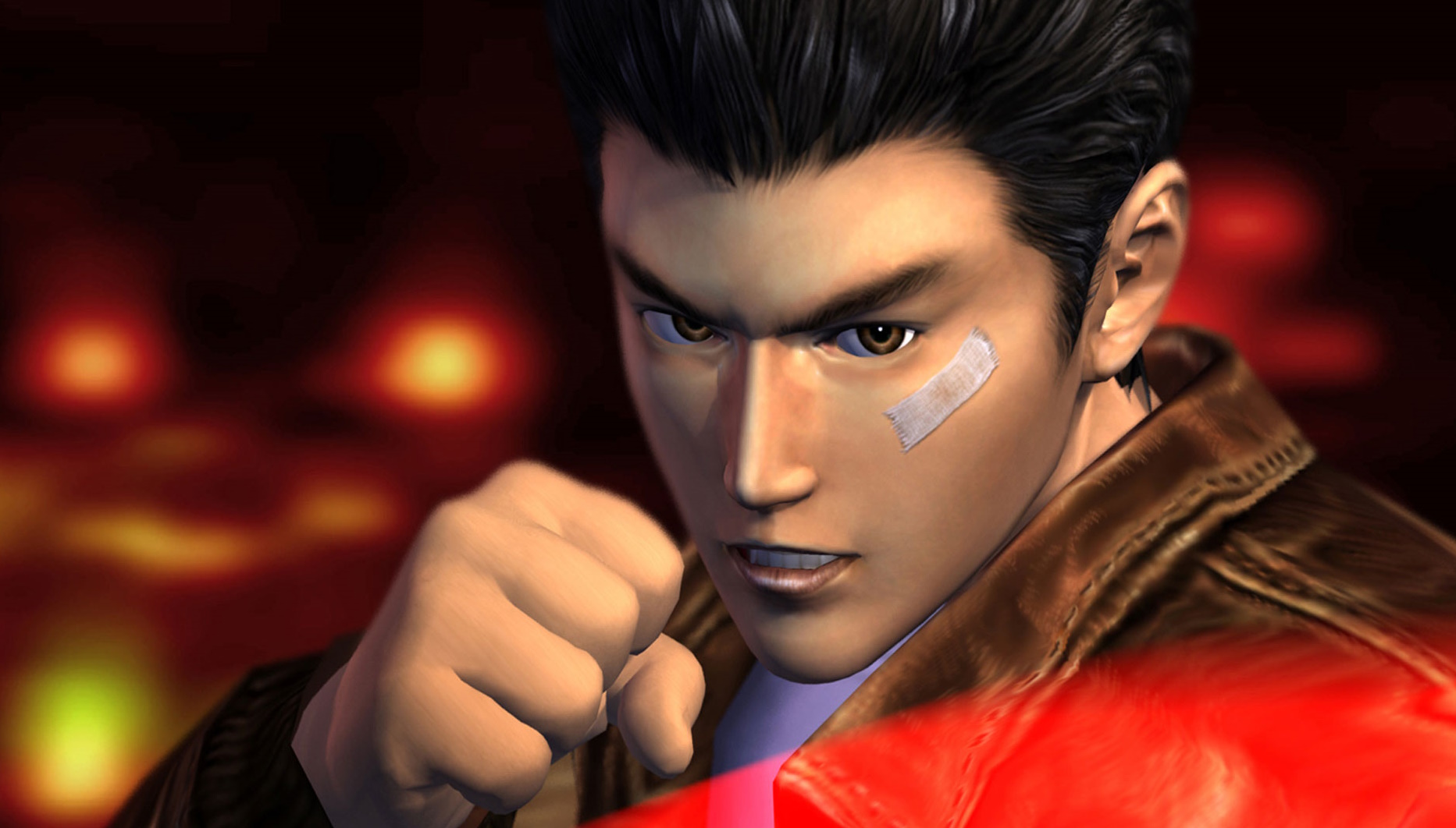 Promo wallpaper for Shenmue/Shenmue III showing Ryo raising his fist.