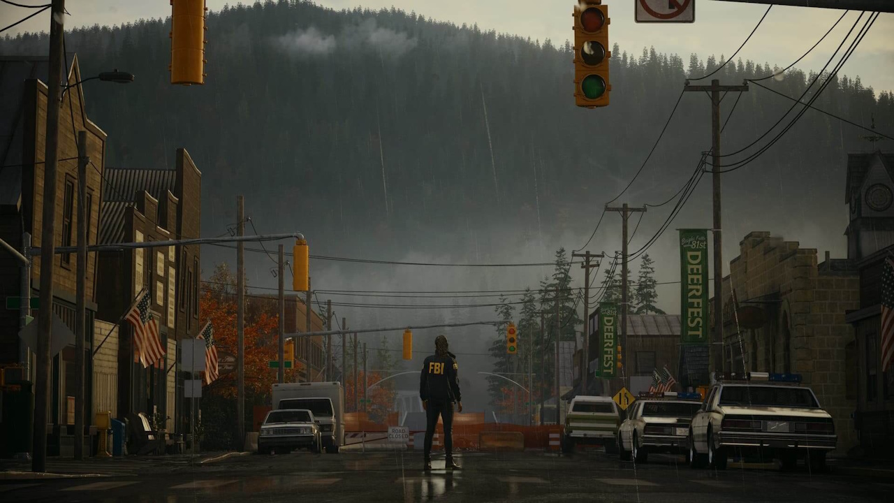 Promo image of Alan Wake 2 with an FBI Agent standing in the middle of a road.