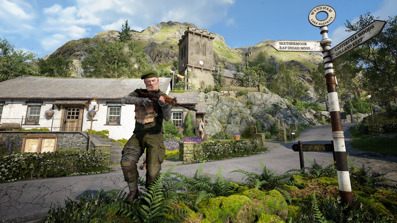 Promo screenshot of Atomfall showing a bearded man with a gun, a cast iron signpost, and a house.