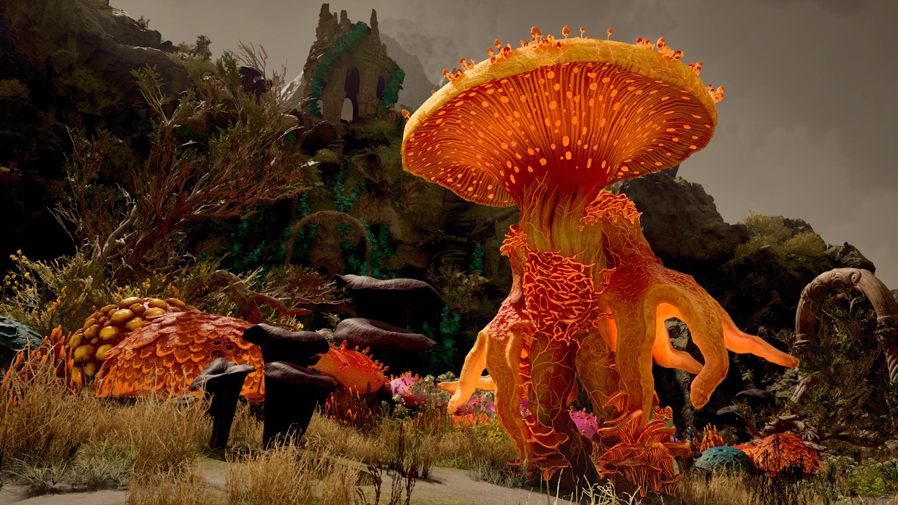 Promo image for Avowed showing a large glowing mushroom.