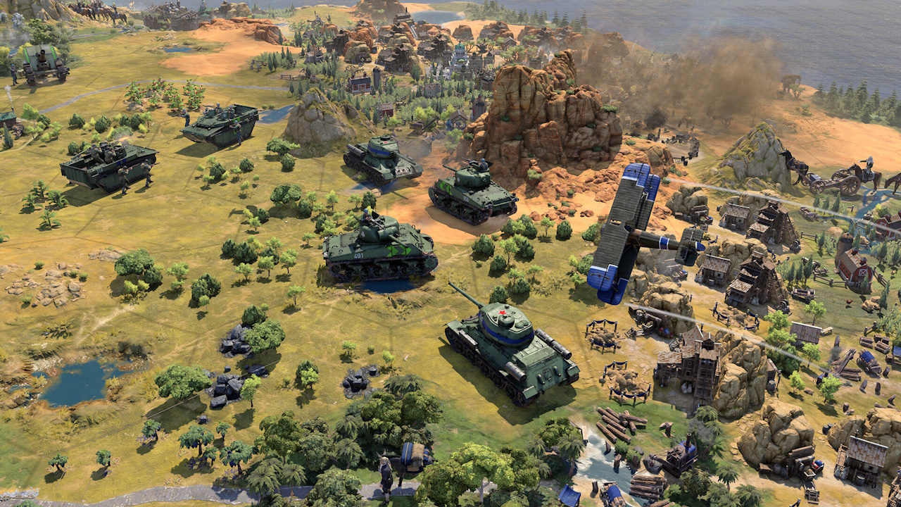 Promo screenshot of Civilization VII showing tanks and planes in the game world.