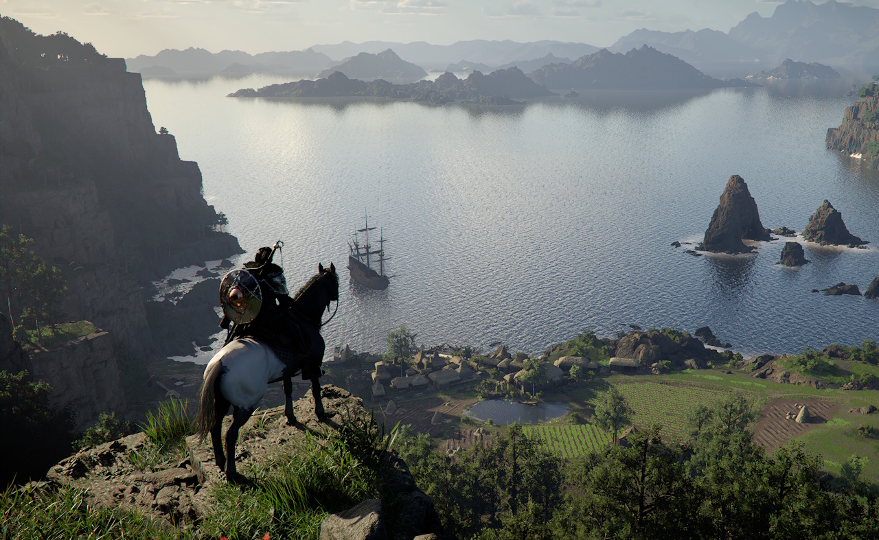 Promo screenshot for Crimson Desert showing a character on horseback overlooking a lake or bay.