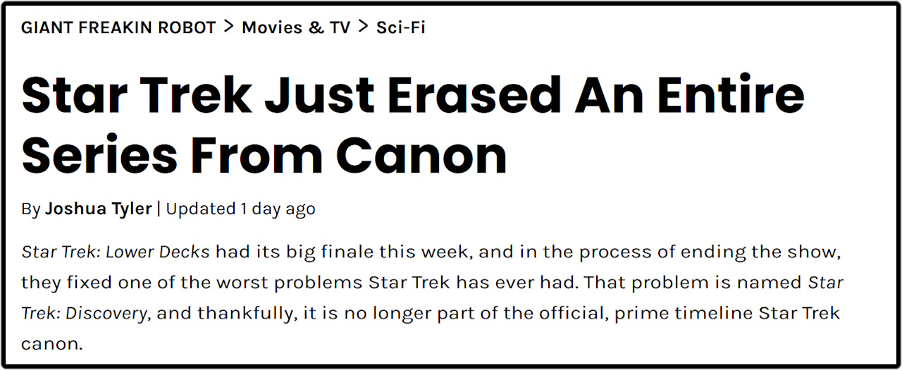 A cropped article claiming Star Trek: Discovery is non-canon.