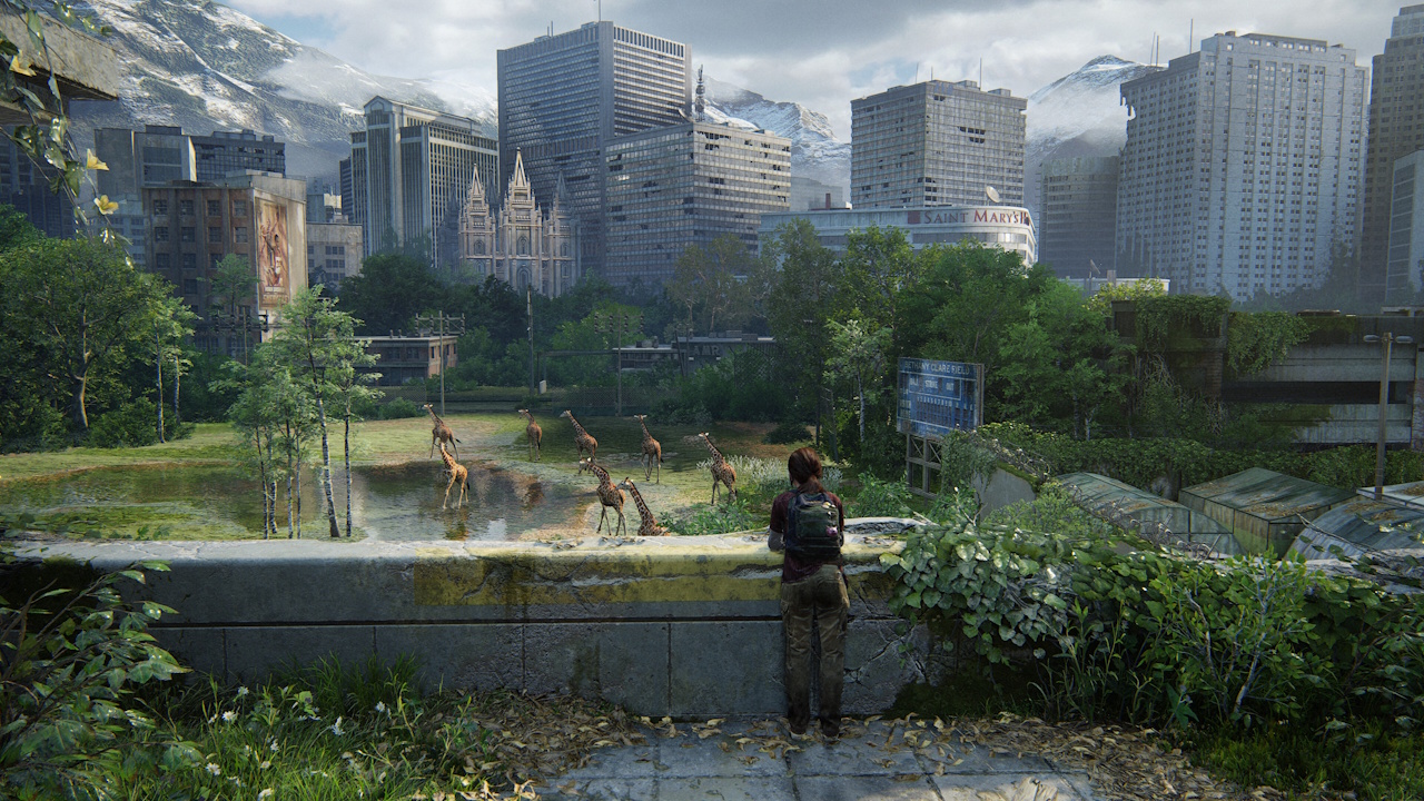 Promo screenshot for The Last Of Us Part 1 showing Ellie and a herd of giraffes.