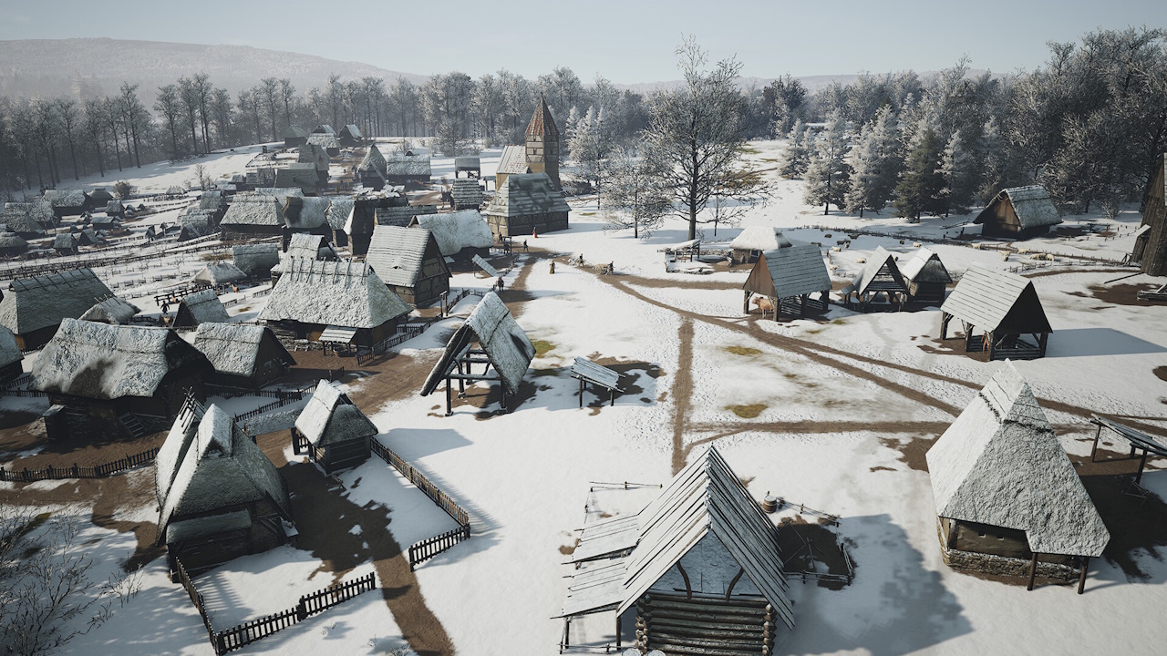 Promo image of Manor Lords showing a medieval village in the snow.