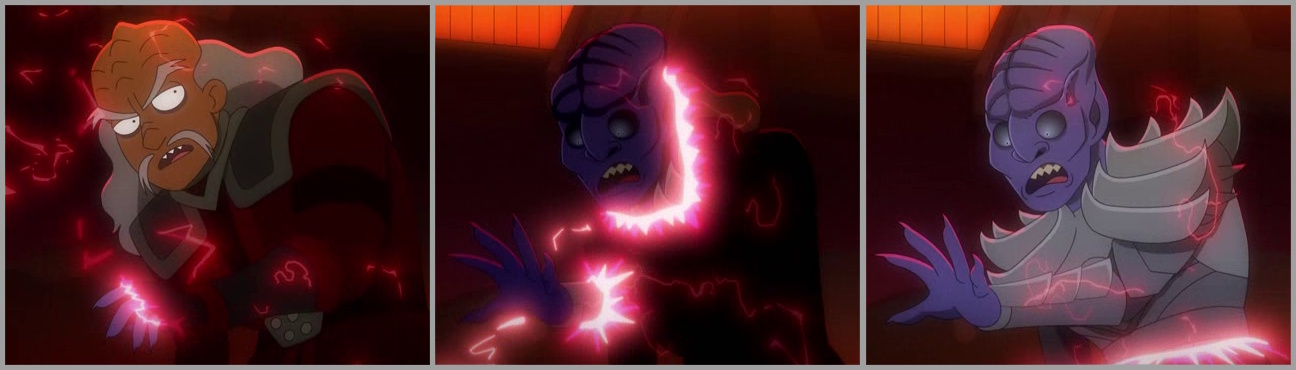 Three cropped frames from Star Trek: Lower Decks Season 5 showing a Klingon appearing to transition from one visual style to another.