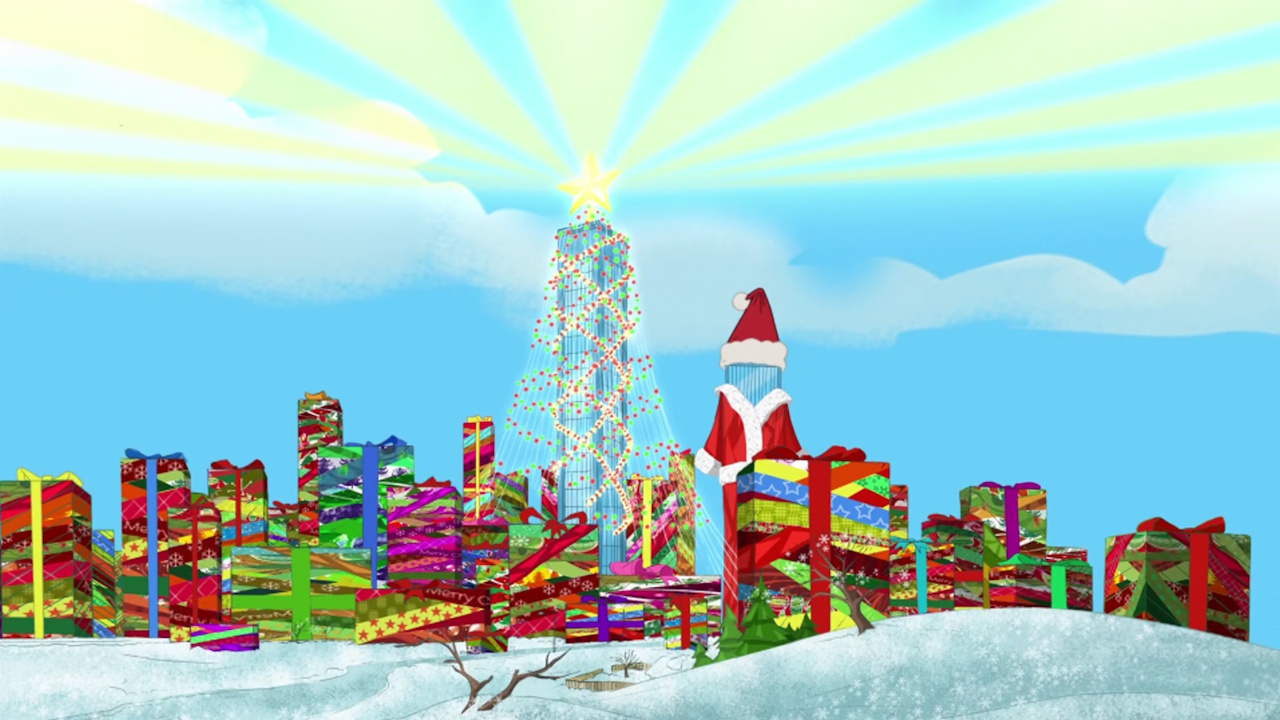 Still frame from Phineas and Ferb: Christmas Vacation showing the town of Danville.
