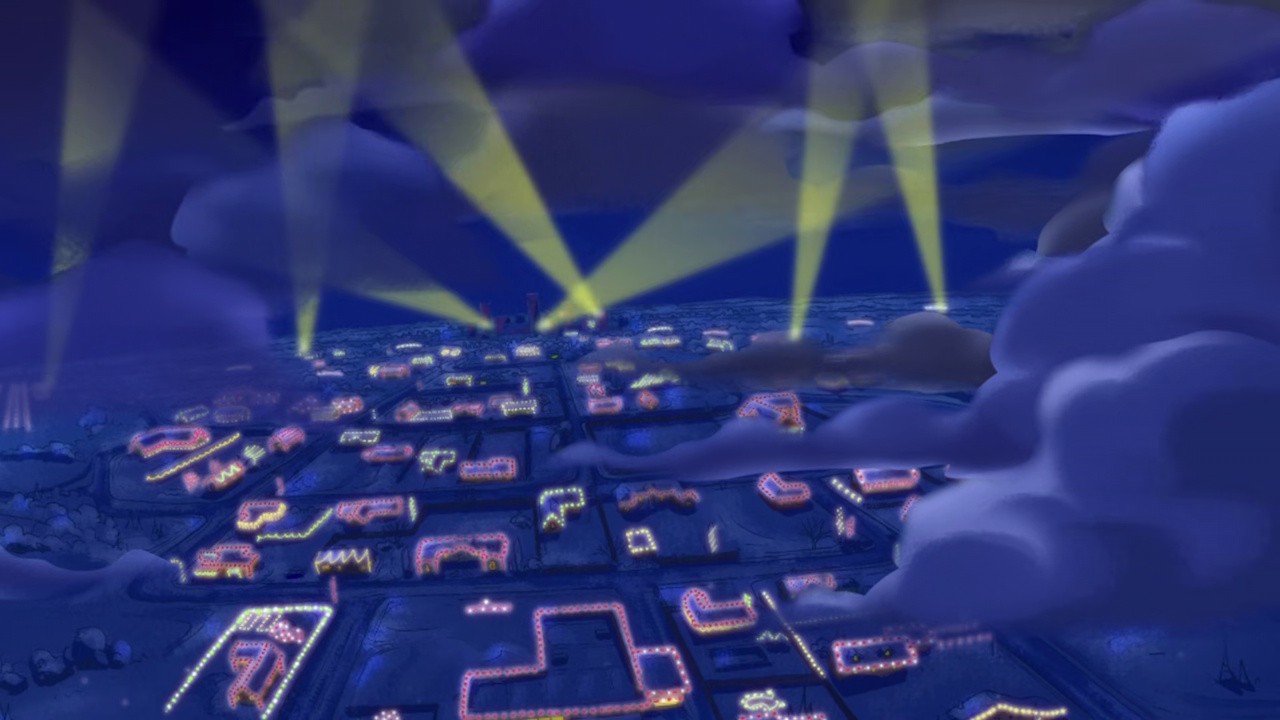 Still frame from Phineas and Ferb: Christmas Vacation showing the Christmas lights at night.
