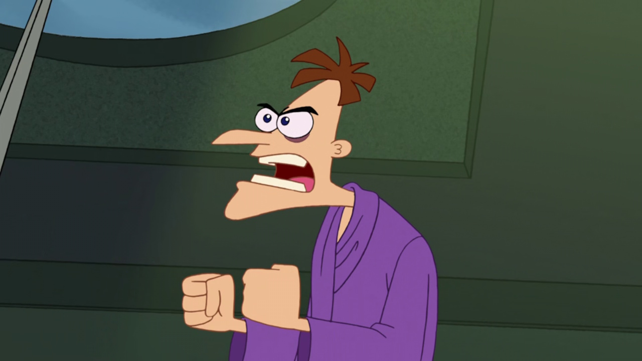Still frame from Phineas and Ferb: Christmas Vacation showing Dr Doofenshmirtz.