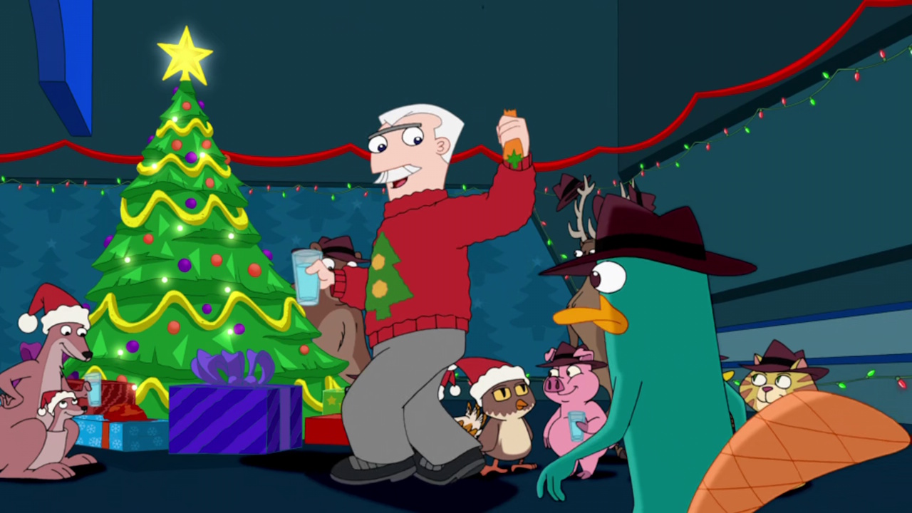 Still frame from Phineas and Ferb: Christmas Vacation showing Major Monogram and Perry at the OWCA party.