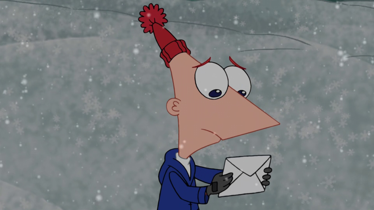 Still frame from Phineas and Ferb: Christmas Vacation showing Phineas holding a letter.