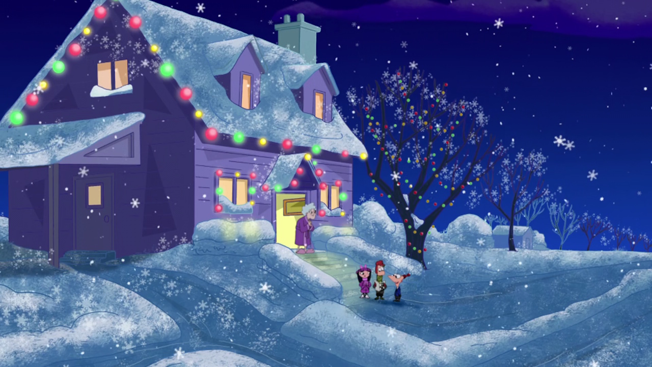 Still frame from Phineas and Ferb: Christmas Vacation showing Phineas, Ferb, and Isabella by a house at night.