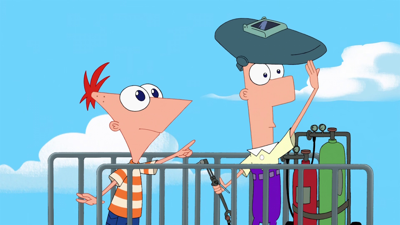 Still frame from Phineas and Ferb Season 4 showing Phineas pointing and Ferb wearing a welding mask.