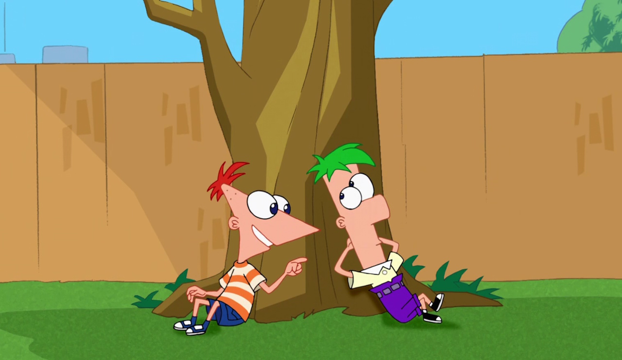 Still frame from Phineas and Ferb Season 4 showing the brothers under a tree in their back yard.