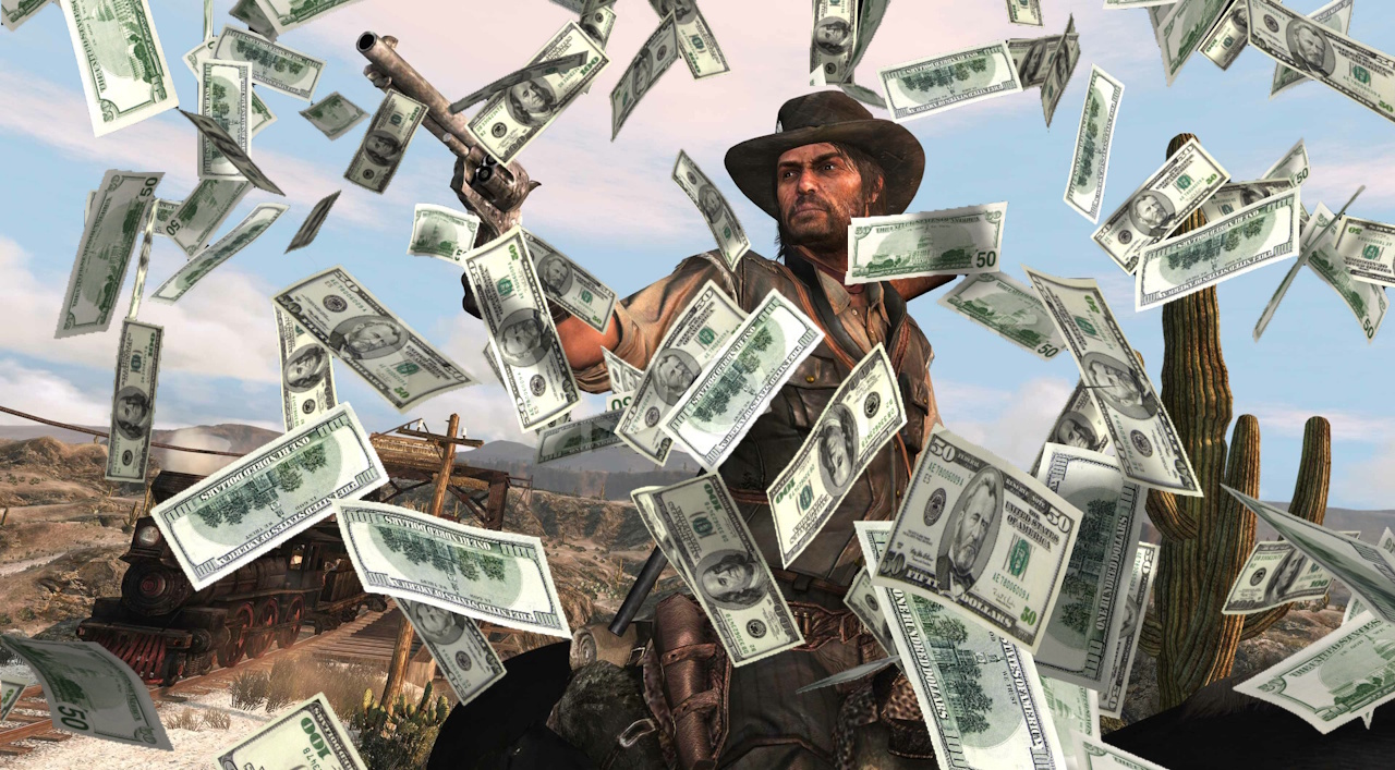 Promo screenshot of Red Dead Redemption with added dollar bills.