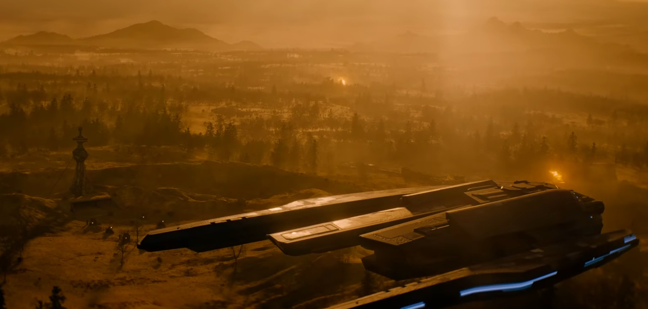 Still frame from the Section 31 trailer showing a spaceship landed on an orange-tinted planet.