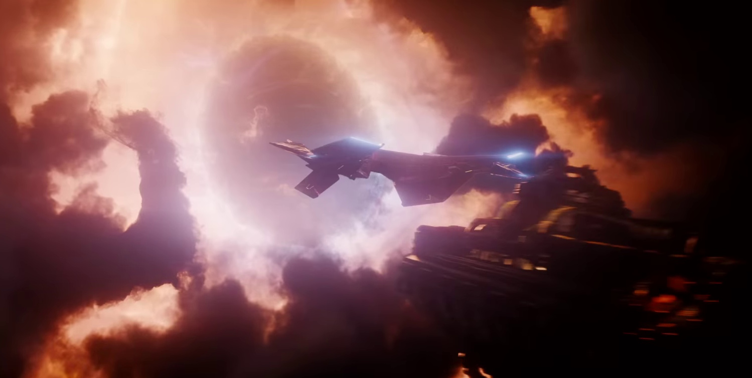 Still frame from the Section 31 trailer showing spaceships approaching a strange void in space.
