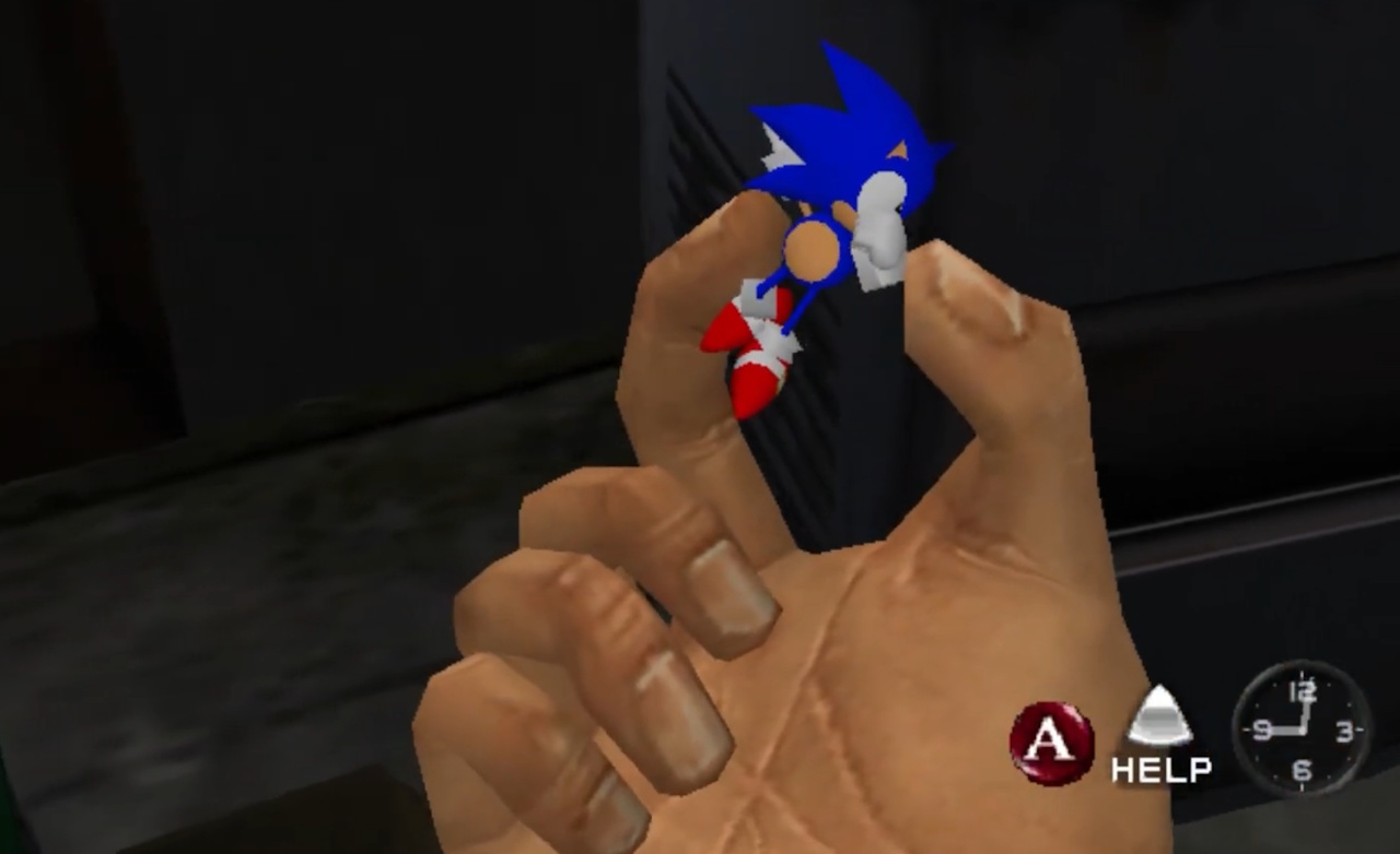 Screenshot of Shenmue (1999) showing Ryo holding a Sonic the Hedgehog toy.