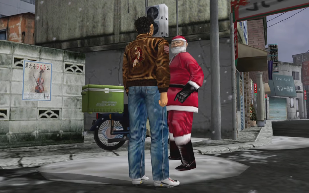 Screenshot of Shenmue (1999/2000) showing Ryo with Santa Claus.