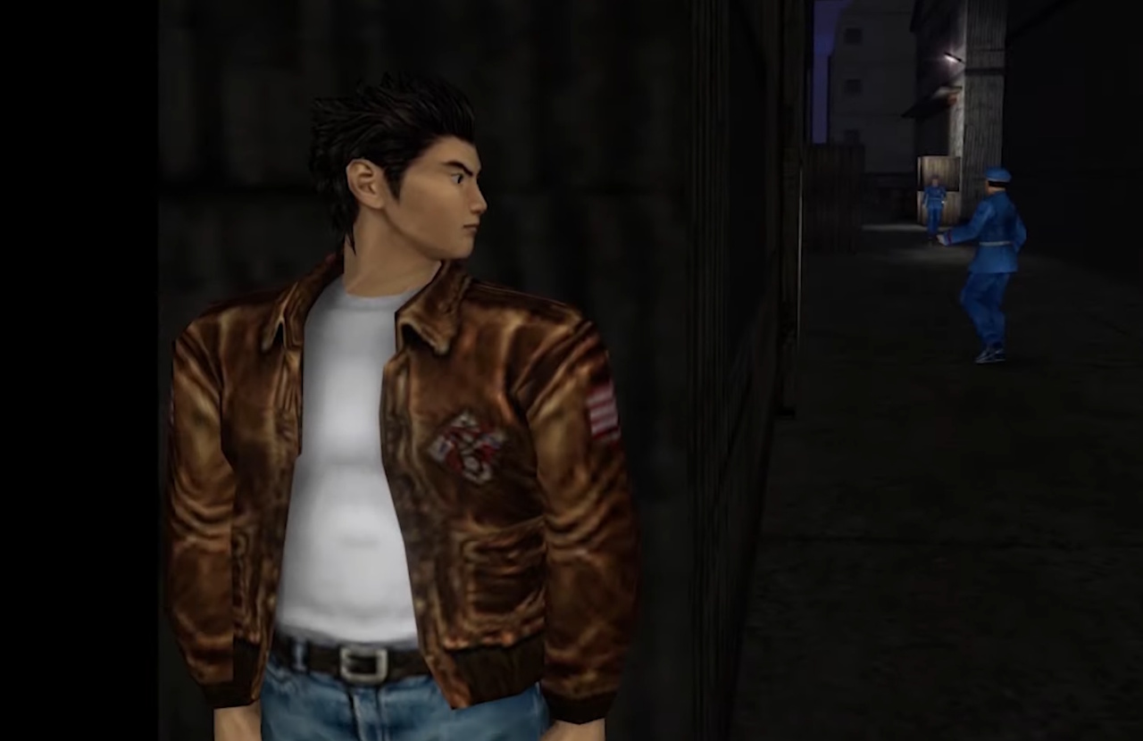 Screenshot of Shenmue (1999) showing Ryo hiding from security guards at the Old Warehouse District.