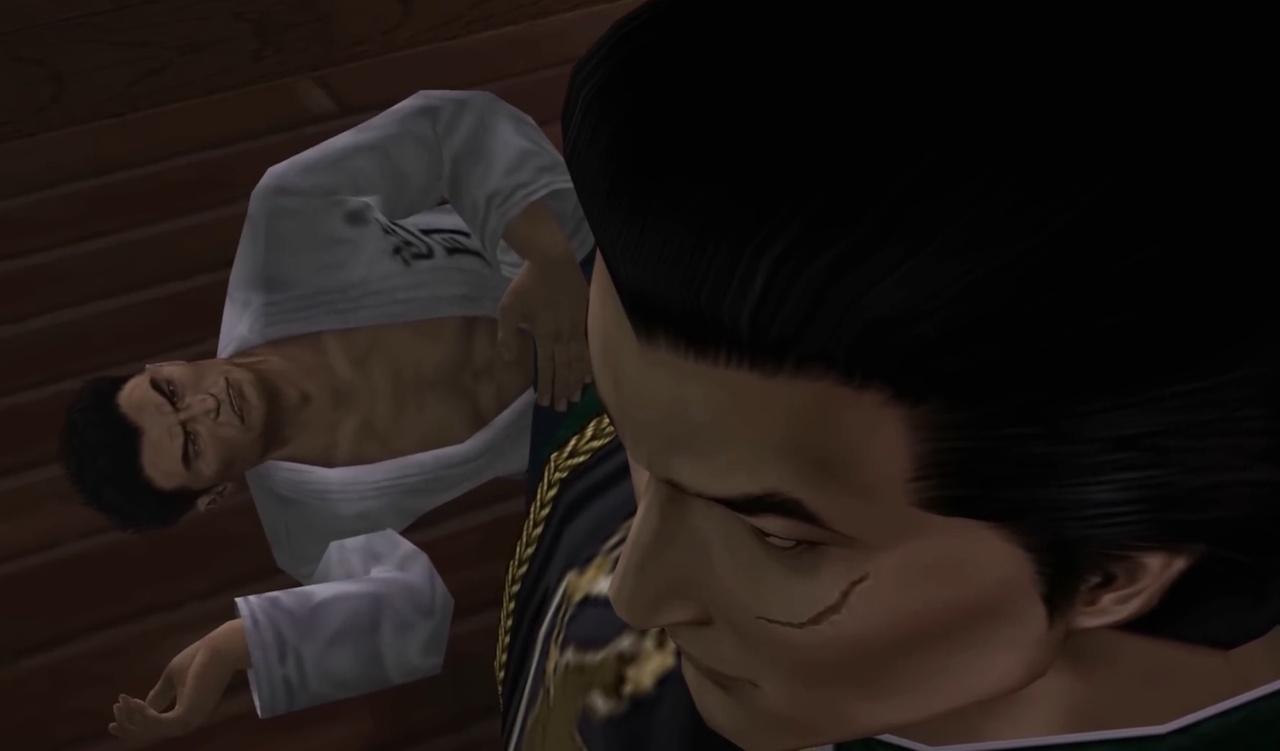 Screenshot of Shenmue (1999) showing Lan Di standing over Iwao at the beginning of the game.