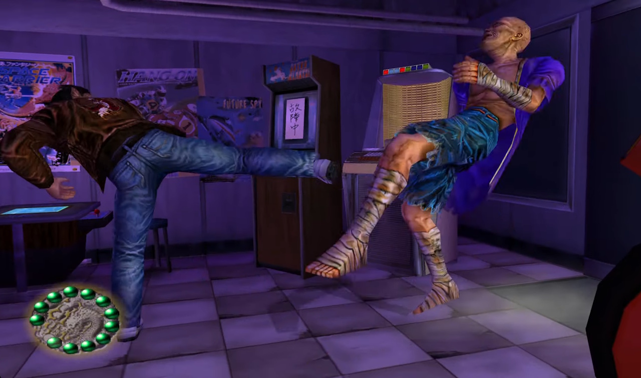 Screenshot of Shenmue (1999) showing Ryo fighting Chai at the arcade.