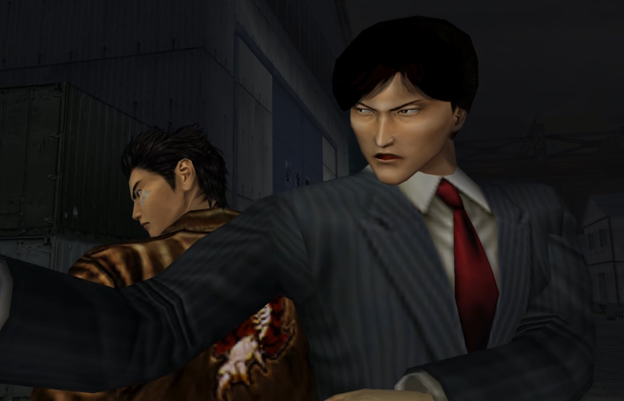 Screenshot of Shenmue (1999) showing Ryo and Guizhang preparing to do battle.