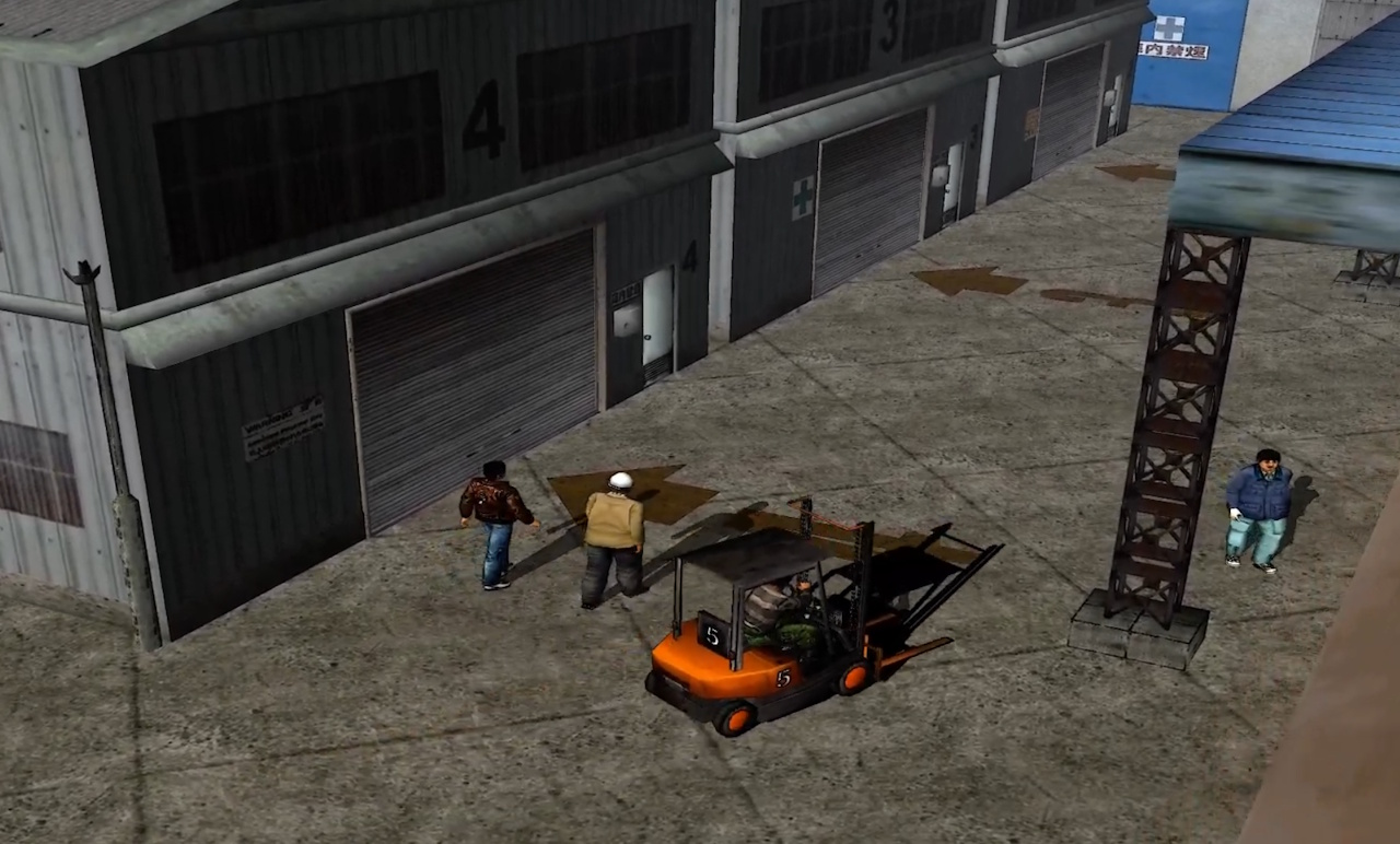 Screenshot of Shenmue (1999) showing a cut-scene at the harbour with Ryo, the foreman, and a forklift.