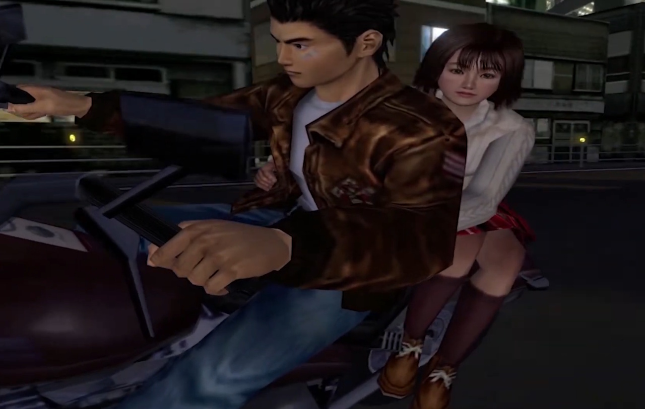 Screenshot of Shenmue (1999) showing Ryo and Nozomi on a motorcycle.
