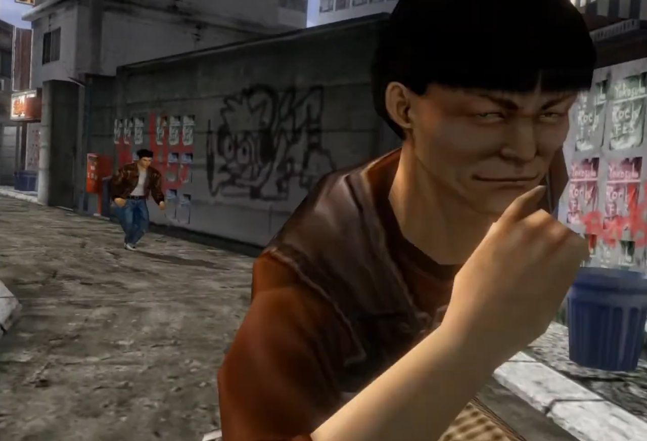 Screenshot of Shenmue (1999) showing Ryo chasing a travel agent during a quick-time event.